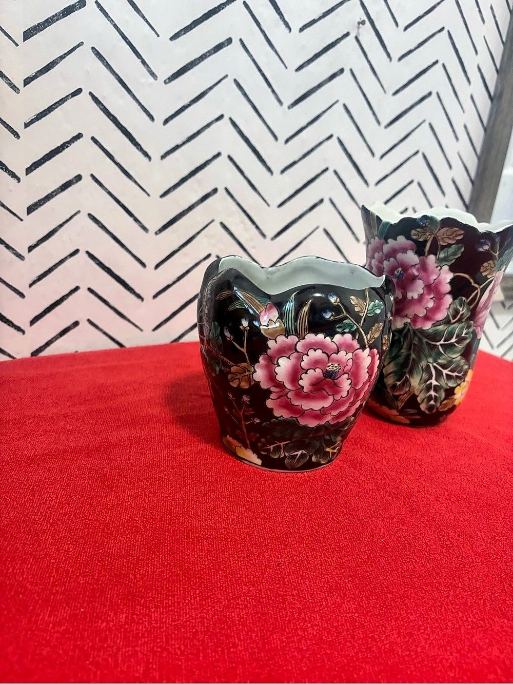 Vintage Floral Vases in Black & Pink